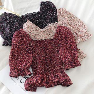 Ruched Floral Cropped Chiffon Top
