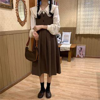 Long-sleeve Lace Trim Blouse / Pleated Midi A-line Overall Dress