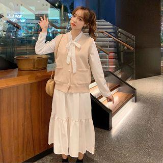 Knit Vest / Tie-neck Long-sleeve Midi Shift Dress