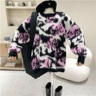 Rose Jacquard Sweater Pink Flowers - Black & White - One Size