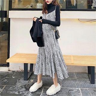 Set: Mock-neck Knit Top + Leopard Print Pinafore Dress Black - One Size