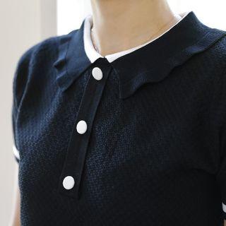 Piped Buttoned Waffle-knit Top