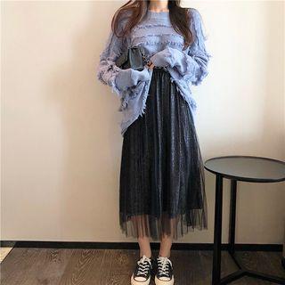 Fringed Sweater / Pleated Midi Sheer Skirt