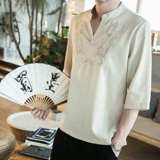 Embroidered 3/4 Sleeve Split Neck T-shirt