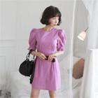 Puff-sleeve Linen Blend Mini Dress