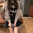 Bow-accent Plaid Shirt + Woolen Pleated Mini Skirt