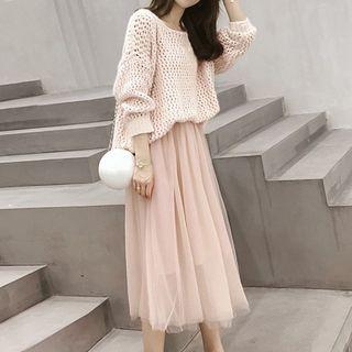 Set: Plain Long-sleeve Knit Top + Mesh Midi A-line Skirt