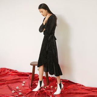 Ruffle-hem Dotted Velvet Long Wrap Dress Black - One Size