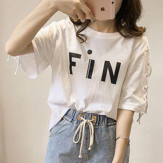Lettering Lace Up Side Elbow Sleeve T-shirt