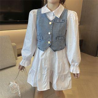 Single-breasted Denim Vest / Mini A-line Shirtdress / Set
