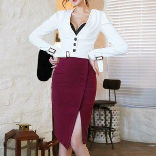 Set: Buttoned Cropped Jacket + Slit Pencil Skirt