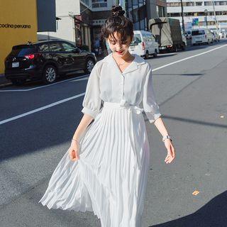 Elbow-sleeve Midi Pleated Dress