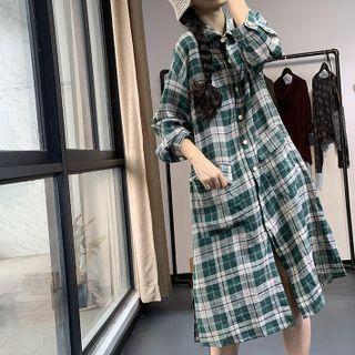Plaid Shirt Dress Green - One Size