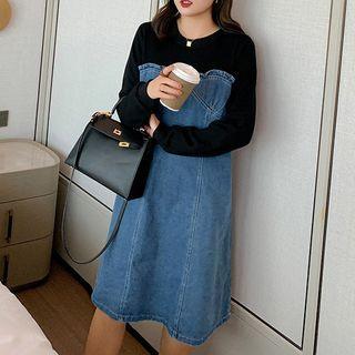 Mock Two-piece Long-sleeve Denim Midi Dress
