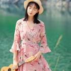 Floral Elbow-sleeve A-line Chiffon Dress