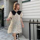 Puff-sleeve Heart Print A-line Dress Off-white - One Size