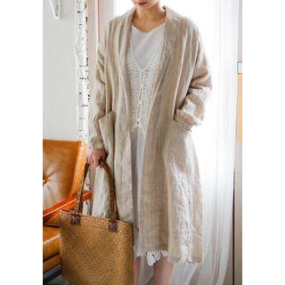 Shawl-collar Tie-waist Stripe Linen Coat