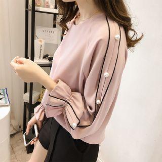 Contrast Trim Faux-pearl Detail Blouse