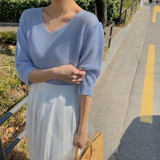 V-neck Puff-sleeve Rib-knit Top