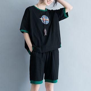 Set: Contrast Trim Elbow Sleeve T-shirt + Shorts