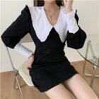Long-sleeve Collared Mini Sheath Dress Black - One Size