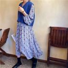 V-neck Knit Vest / Floral Long-sleeve Dress