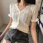 Short-sleeve Frill Trim Perforated Knit Buttoned Top