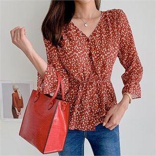 Drawstring-waist Floral Print Chiffon Blouse