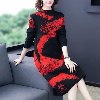 Mock-neck Jacquard Long-sleeve Knit Dress