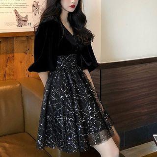 V-neck High-waist Elbow-sleeve Panel Mesh Dress