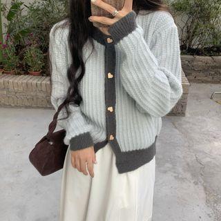 Heart Button Contrast Trim Cardigan