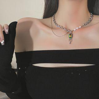 Faux Crystal Layered Chain Necklace Silver - One Size