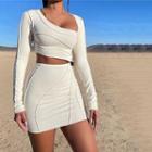 Set: Long-sleeve Asymmetrical Crop Top + Mini Fitted Skirt