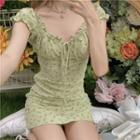 Lace-trim Floral Ruched Mini Dress