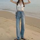 Open-back Perforated Halter Top / Straight Leg Wide Leg Jeans
