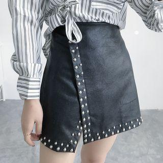 Studded Faux Leather A-line Skirt