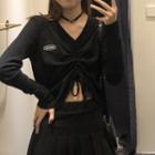 Long-sleeve Drawstring Cropped Top Black - One Size