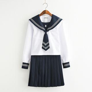 Sailor Collar Long-sleeve Top / Pleated Mini Skirt / Set
