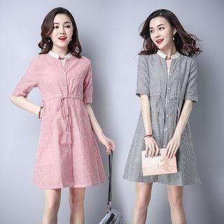 Pinstriped Elbow Sleeve Shirtdress