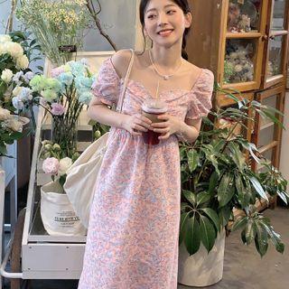 Short-sleeve Floral Shirred Dress Pink - One Size