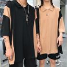 Couple Matching Contrast-trim Elbow-sleeve Polo Shirt