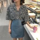 Elbow-sleeve Leopard Print Shirt / A-line Faux Leather Skirt