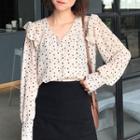 Dotted V-neck Long-sleeve Ruffle Blouse Almond - One Size