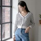 Button-detail Stripe Cropped Cardigan Ivory - One Size