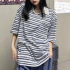 Elbow-sleeve Collar Striped T-shirt Stripes - Blue - One Size