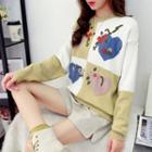Flower Embroidered Heart Print Sweater
