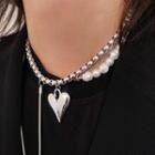 Asymmetric Faux Pearl Alloy Heart Pendant Necklace Silver - One Size