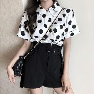 Short-sleeve Polka Dot Shirt / Paperbag Waist Shorts