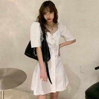 Short-sleeve Ribbon A-line Dress White - One Size