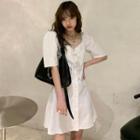 Short-sleeve Ribbon A-line Dress White - One Size